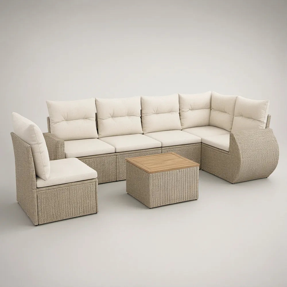 Conjunto de jardim modular em L com poltrona e mesa, Bege/Creme, 250 x 190 x 78 cm