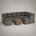 Conjunto modular de jardim em vime PE cinzento com mesa e 2 pufes, 280 x 210 cm
