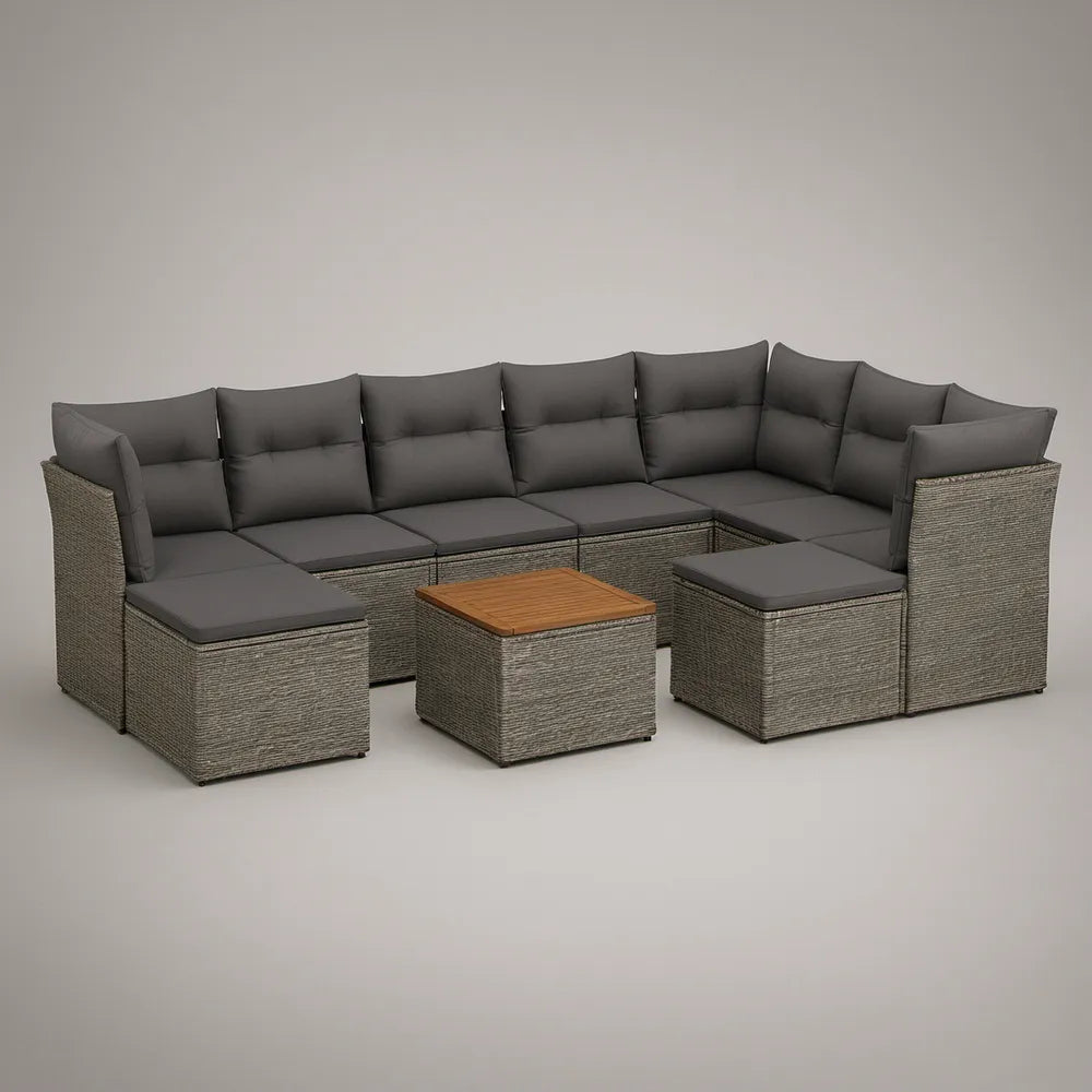 Conjunto modular de jardim em vime PE cinzento com mesa e 2 pufes, 280 x 210 cm