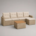 Conjunto de jardim em L para 4 lugares com chaise longue e mesa de centro, 230 x 150 cm, Bege/Creme/Castanho-claro