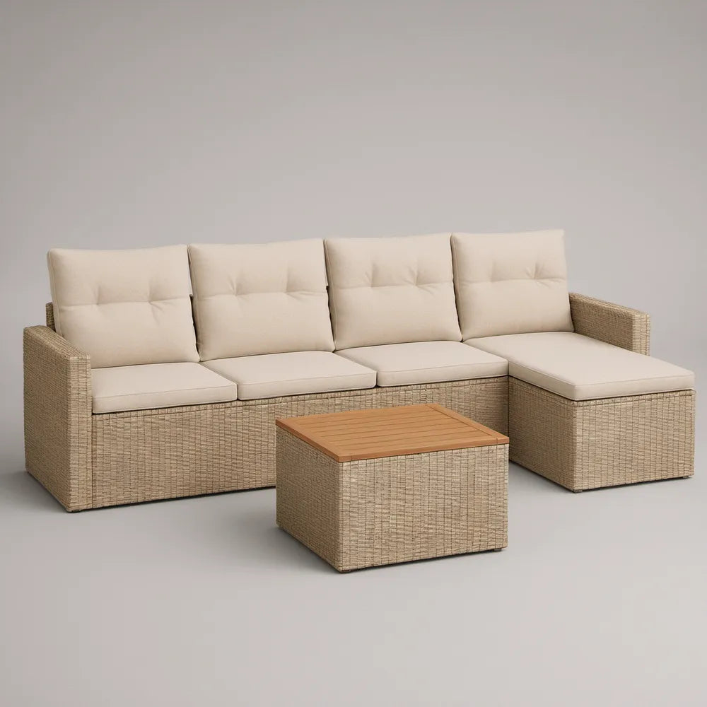 Conjunto de jardim em L para 4 lugares com chaise longue e mesa de centro, 230 x 150 cm, Bege/Creme/Castanho-claro