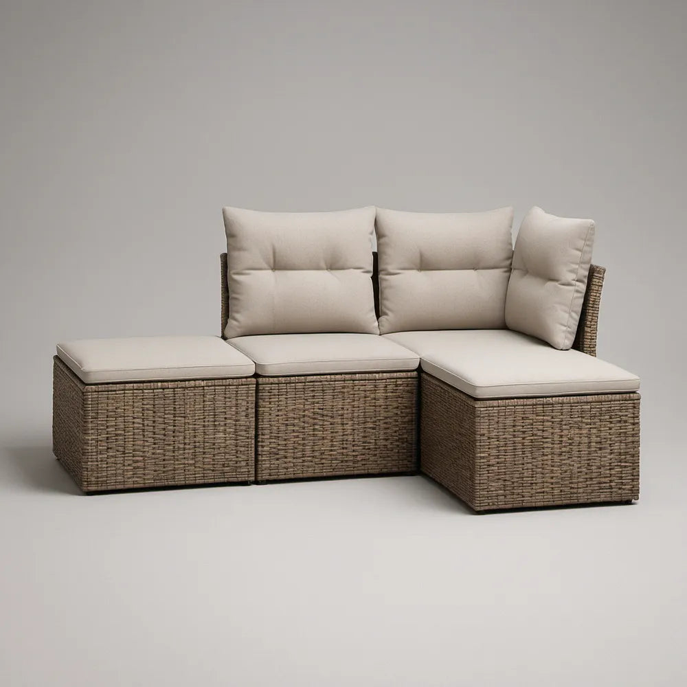 Sofá de Jardim Modular em L de 3 Peças em Rattan PE Castanho com Almofadas Bege, 210 x 140 x 85 cm