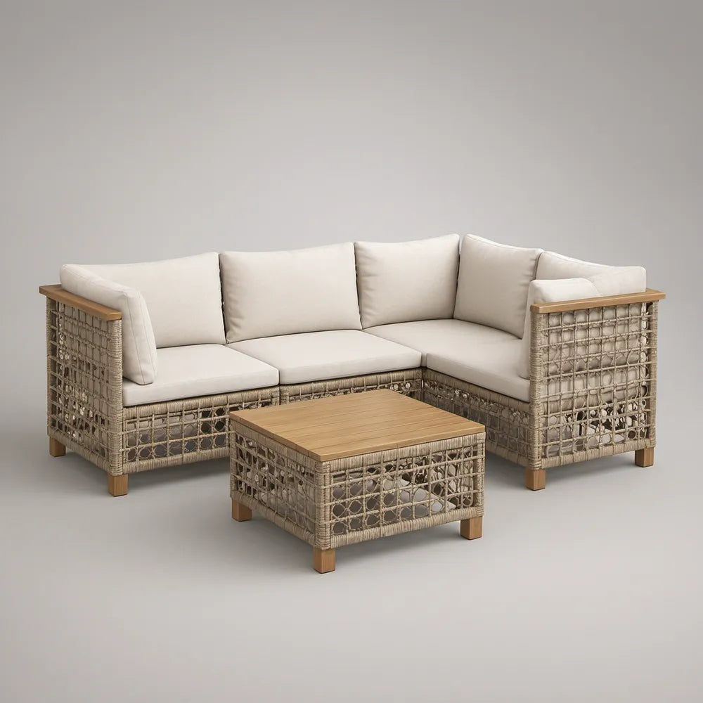 Conjunto de Canto para Jardim com Mesa de Centro, 220 x 160 cm, Bege e Castanho Natural