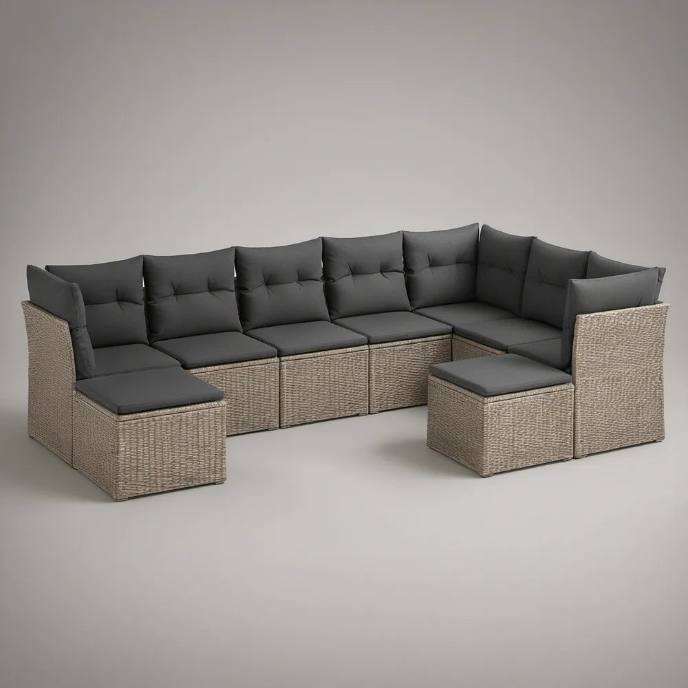 Sofá de Jardim Modular em L, PE Bege e Almofadas Cinzento-Escuro, 304 x 210 x 70 cm