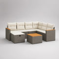 Sofá de Jardim Modular em L com Mesa, Vime PE Cinzento, Almofadas Creme, 260 x 200 x 70 cm