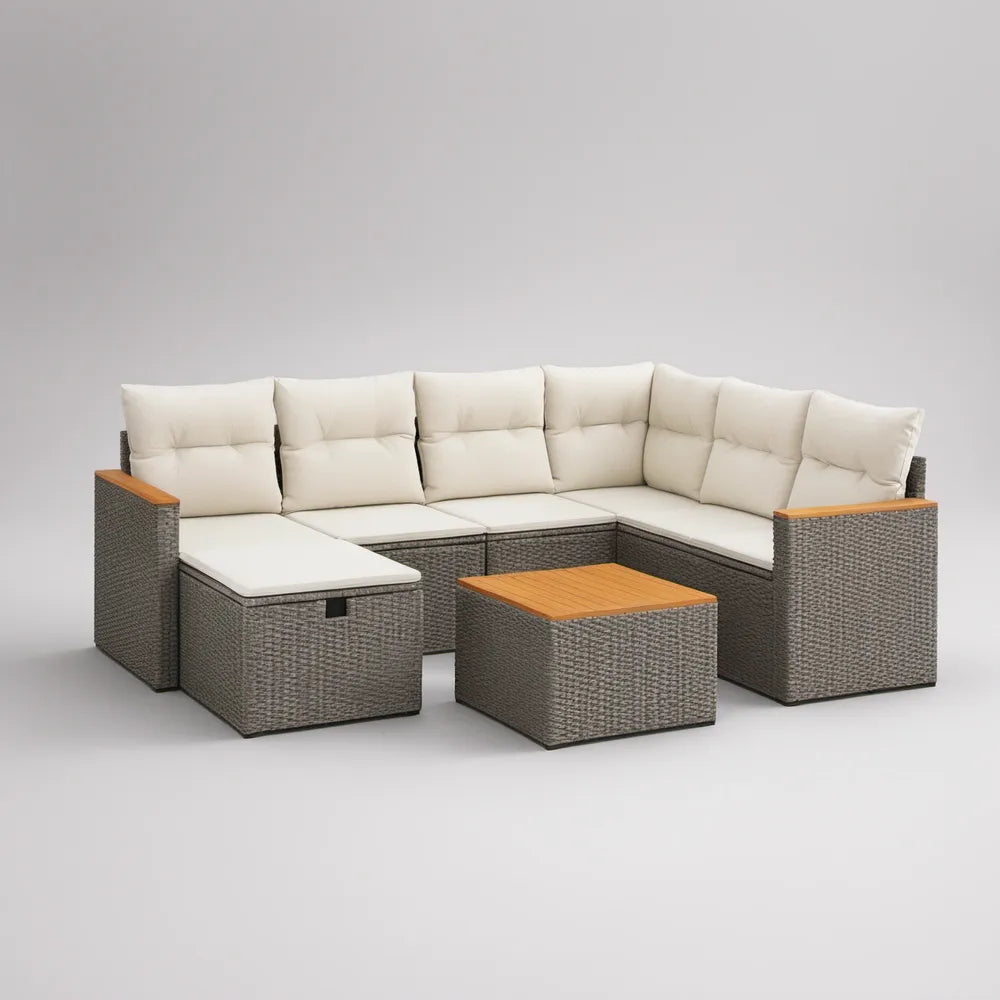 Sofá de Jardim Modular em L com Mesa, Vime PE Cinzento, Almofadas Creme, 260 x 200 x 70 cm