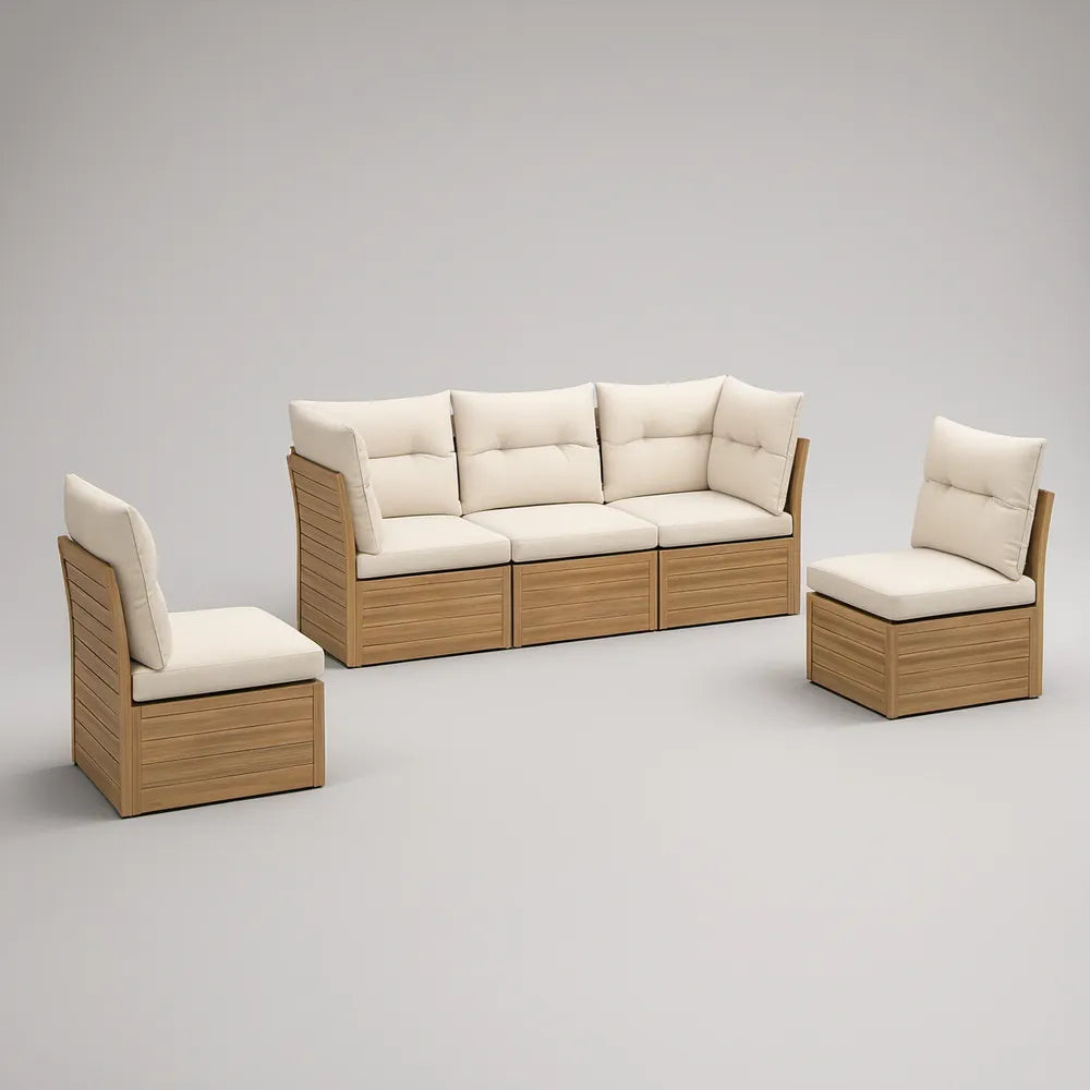 Conjunto de Sofá de Jardim de 3 Lugares e 2 Poltronas em Acácia, Castanho Natural e Bege, Sofá 210 x 75 x 75 cm, Poltronas 75 x 75 x 75 cm