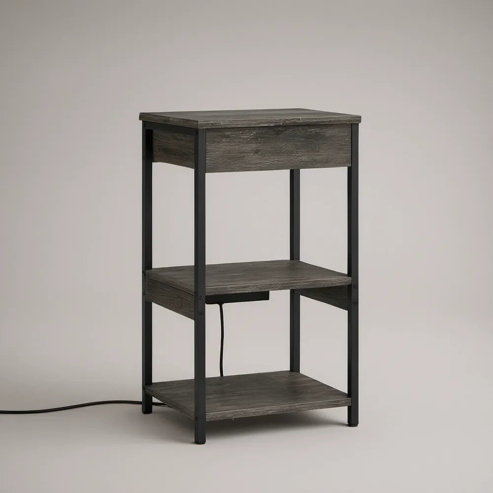 Mesa de Cabeceira com Módulo de Carregamento 40 x 35 x 65 cm Cinzento-Escuro e Preto