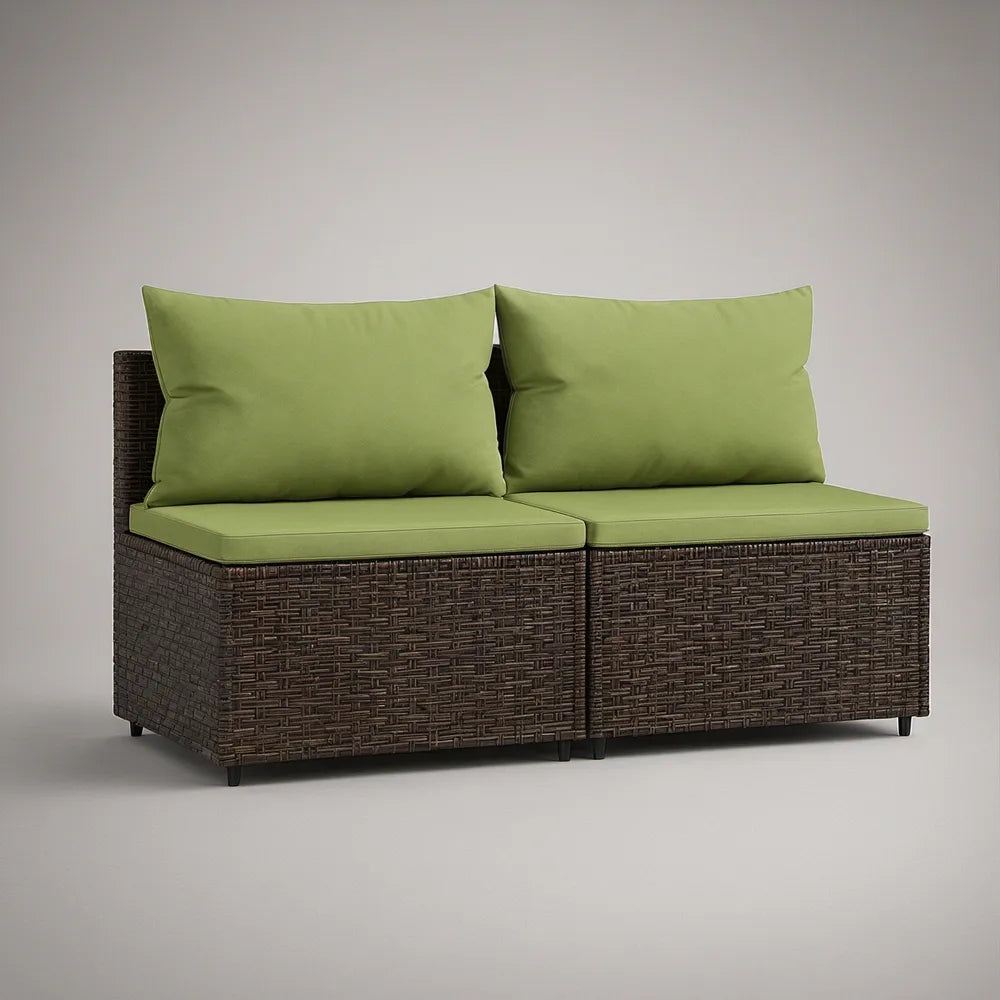 Sofá de Jardim Modular de 2 Lugares em Polirratã PE Castanho com Almofadas Verdes, 140 x 70 x 63 cm