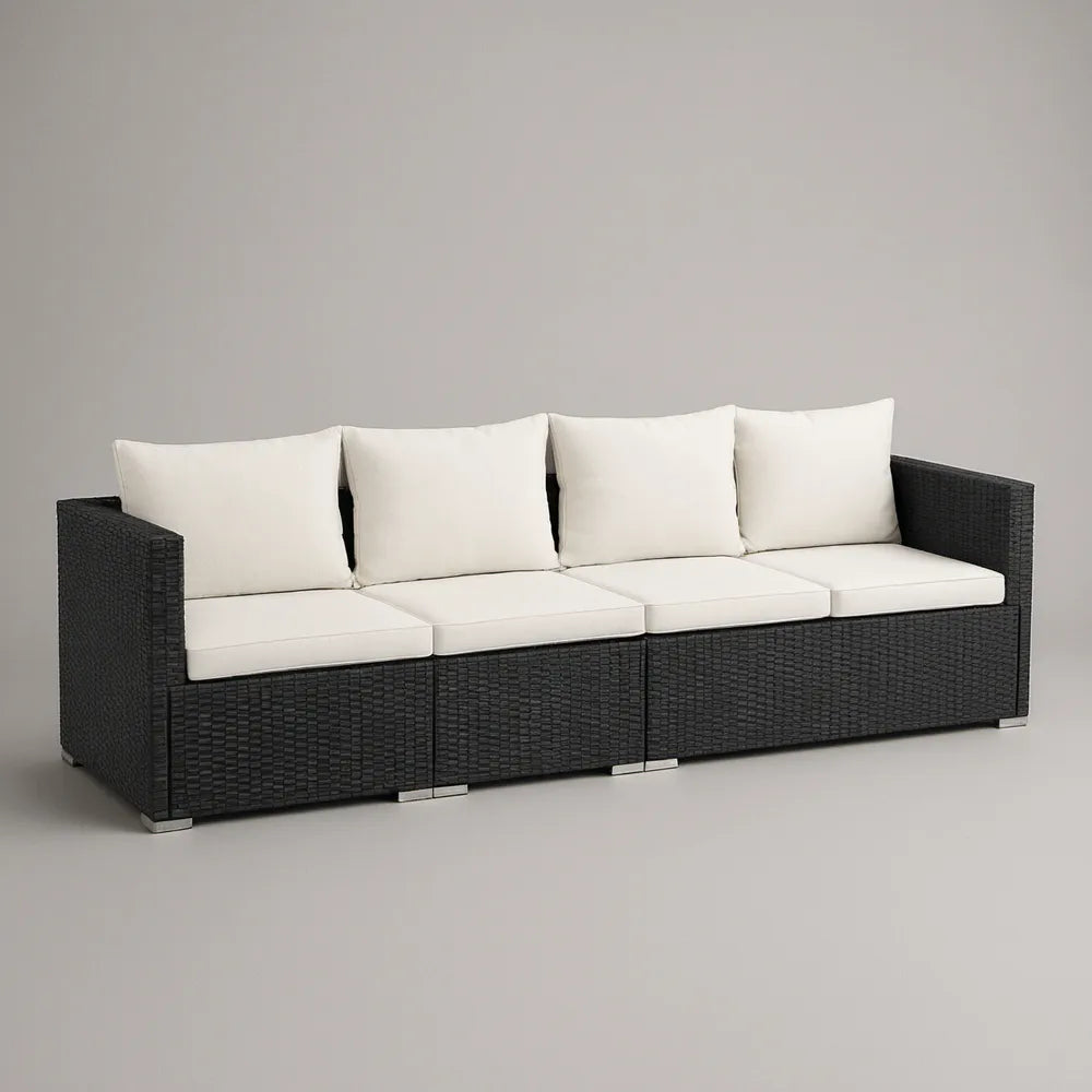 Sofá de Jardim Modular de 4 Lugares em Vime PE Preto com Almofadas Creme, 280 x 70 x 65 cm