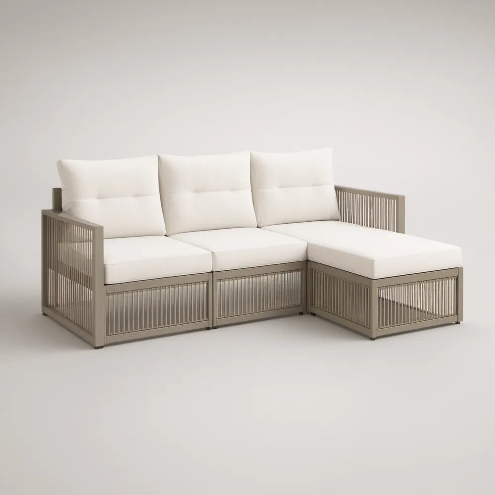 Sofá modular em L com chaise longue à direita, 210 x 150 x 75 cm, Bege e Branco