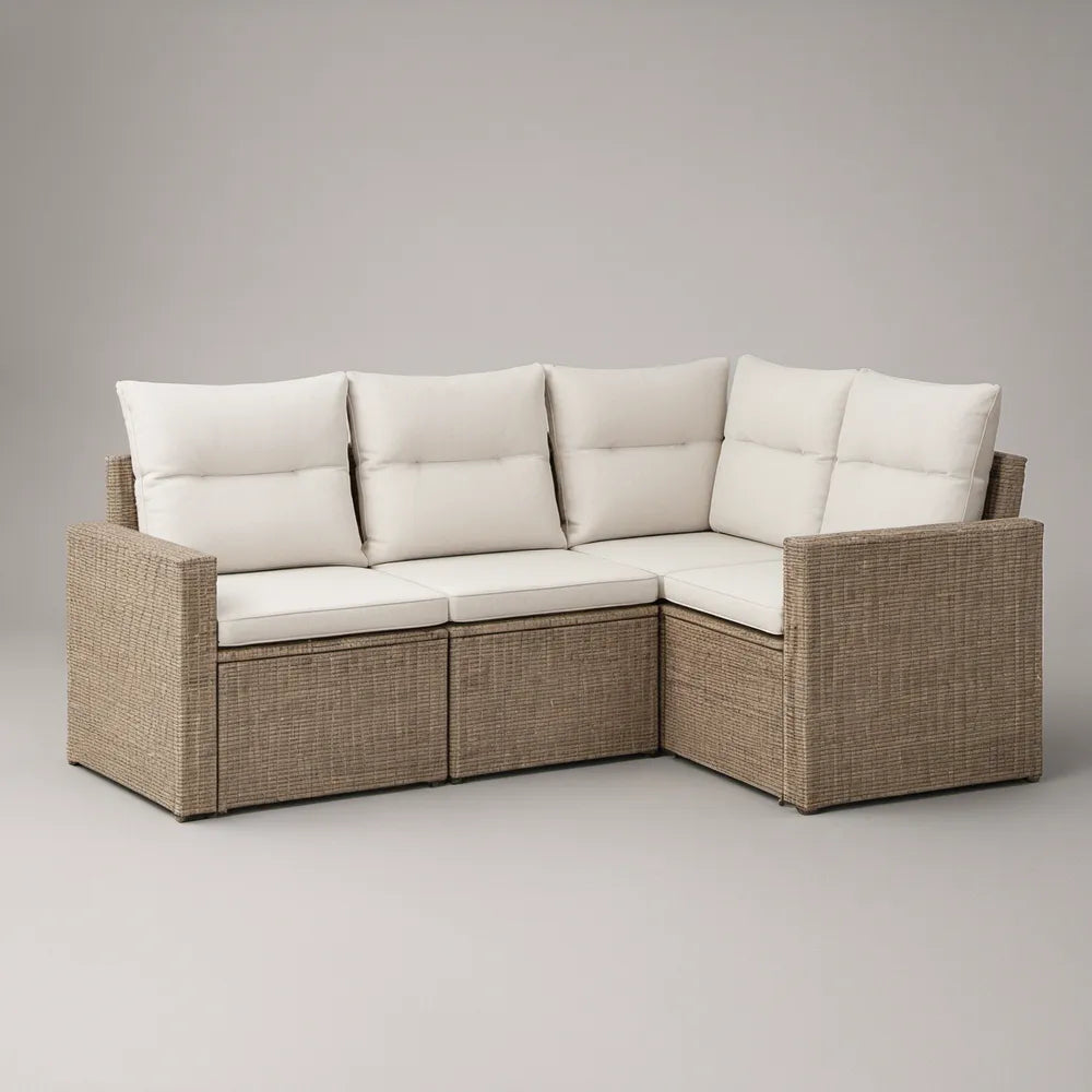 Sofá de Canto para Jardim de 3 Lugares em Vime PE Bege e Branco, 210 x 80 x 78 cm