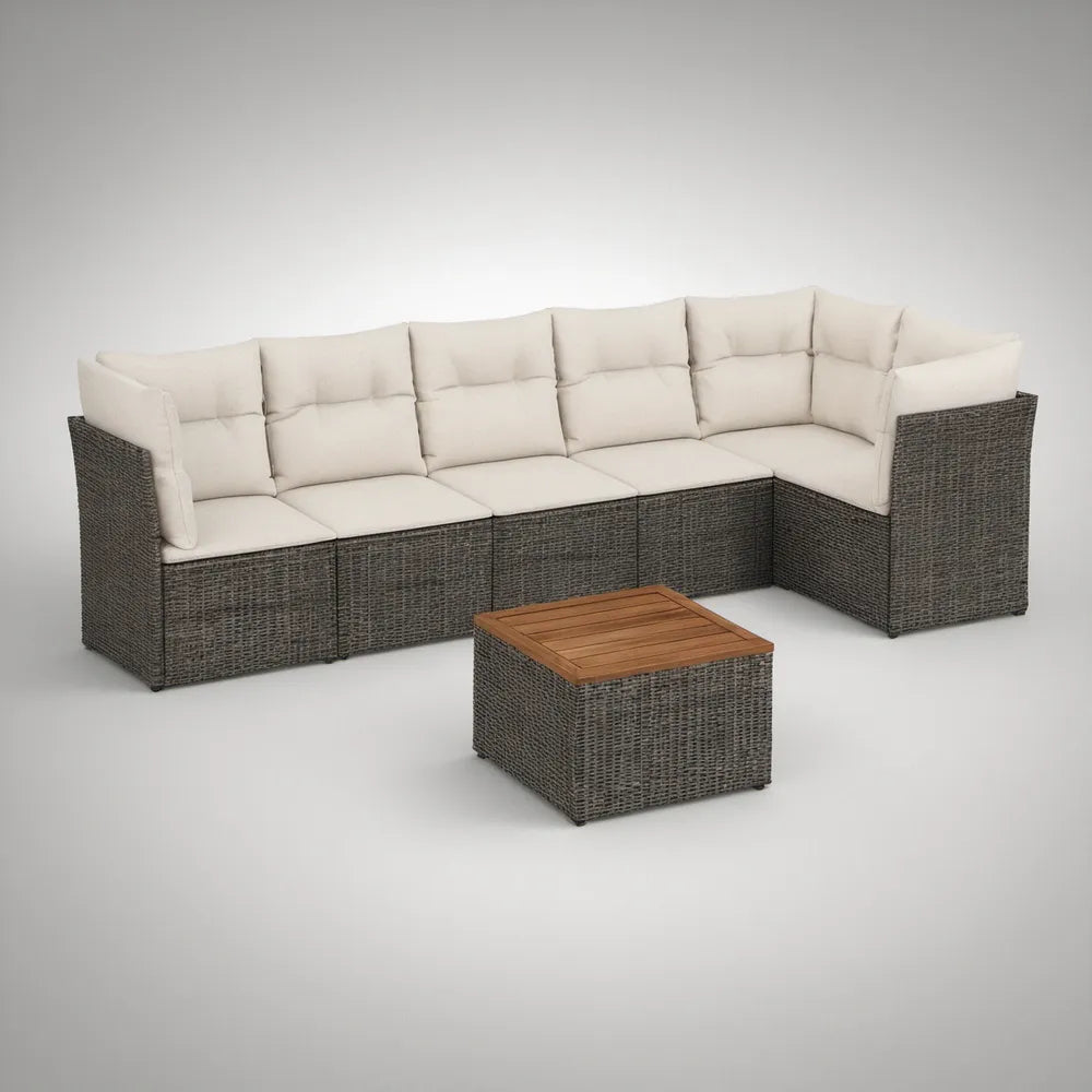 Conjunto Modular de Jardim em L com Mesa de Centro 280 x 140 x 60 cm em Vime PE Cinzento, Almofadas Creme e Tampo Castanho