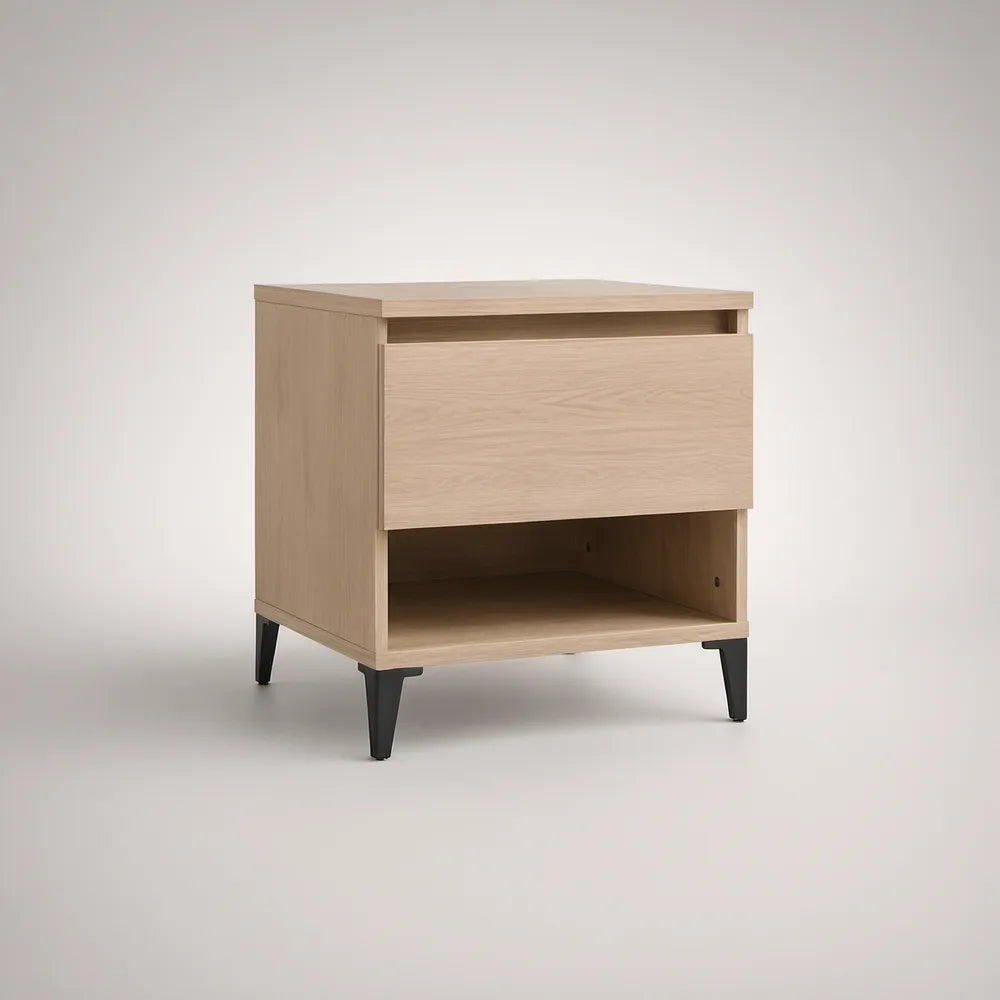 Mesa de Cabeceira em MDF com Gaveta e Nicho, Carvalho Claro e Preto, 50 x 40 x 55 cm