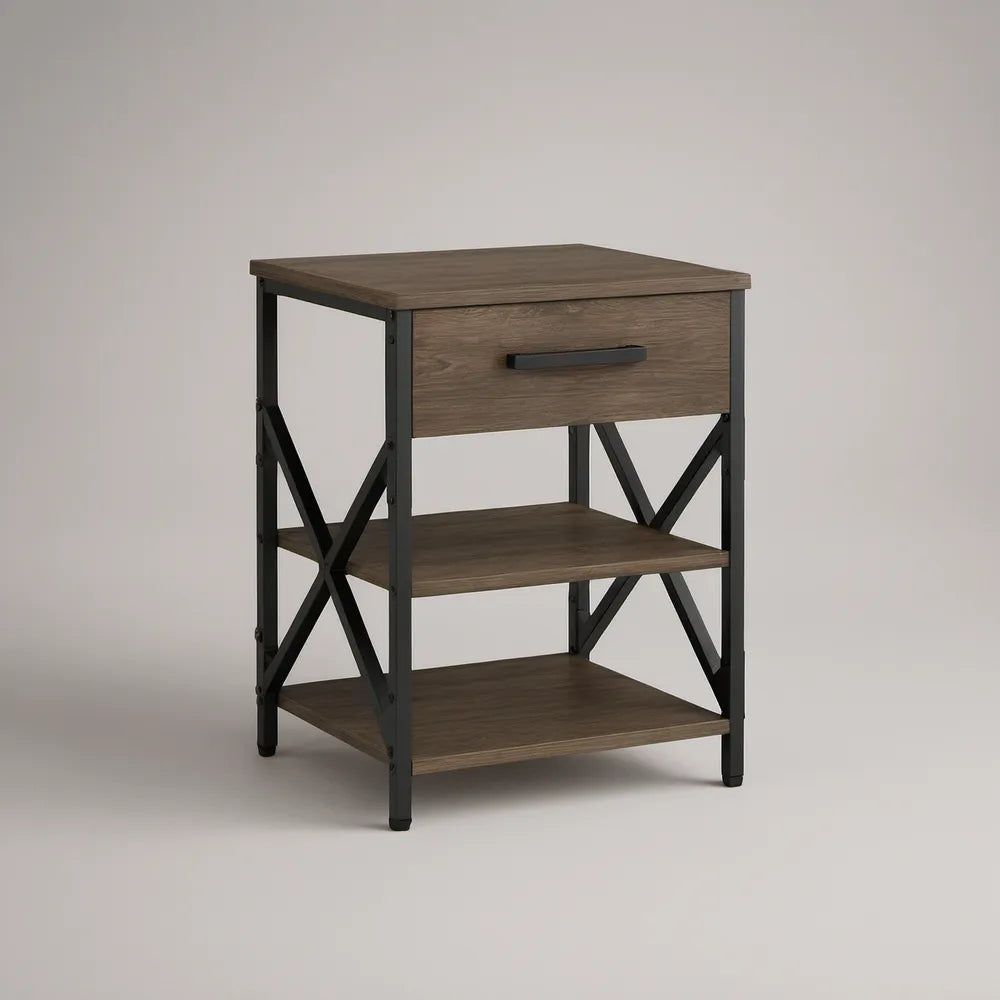 Mesa de Cabeceira em MDF e Aço com Gaveta e 2 Prateleiras, 45 x 40 x 60 cm, Castanho Escuro e Preto