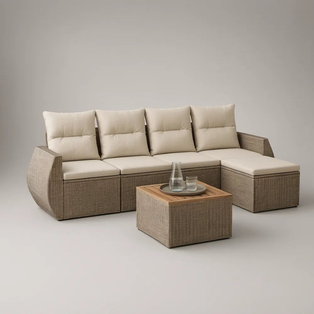 Conjunto de exterior em L com mesa de centro, 250 x 190 x 80 cm, Bege Acinzentado e Creme