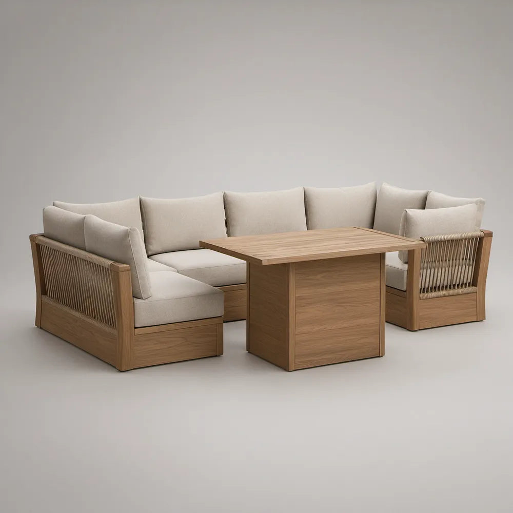 Conjunto de Exterior em Madeira de Acácia com Almofadas Bege, Sofá 240 x 85 x 75 cm e Mesa 100 x 60 x 65 cm