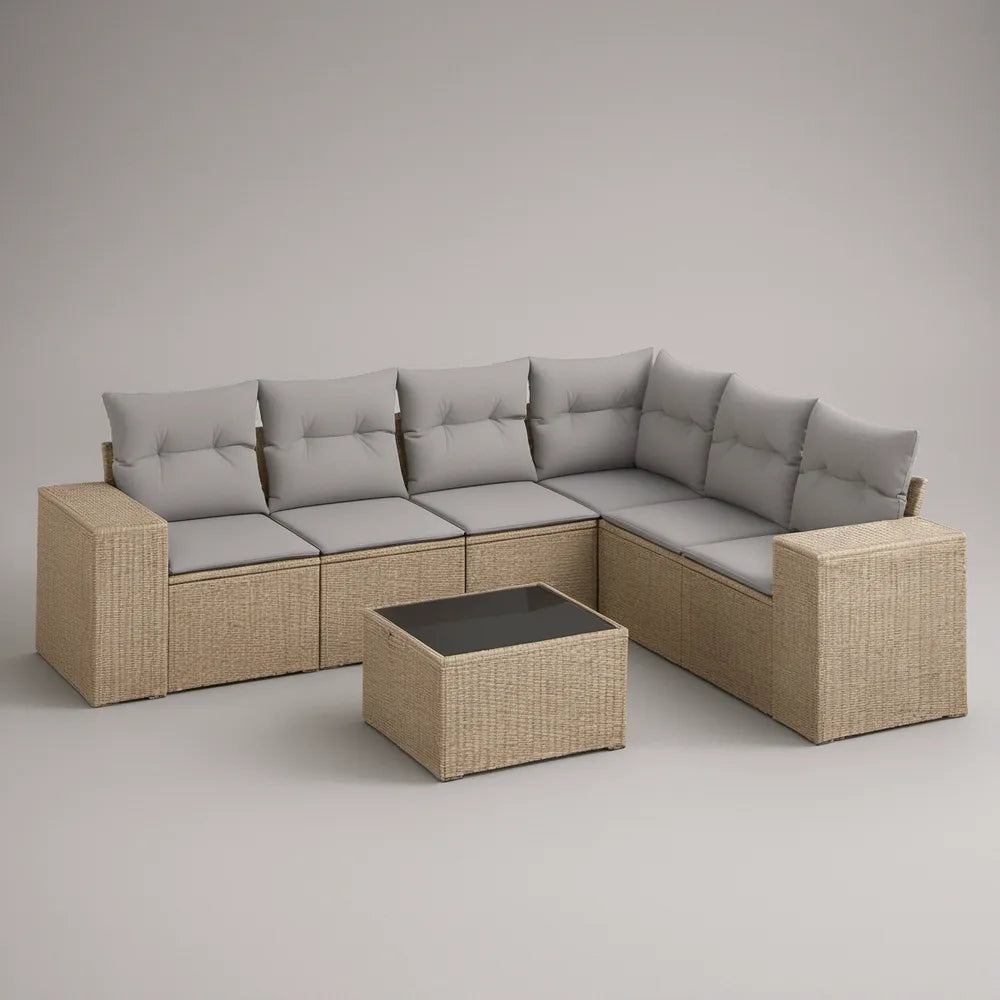 Conjunto Modular de Exterior em L 250 x 200 x 63 cm em Rattan PE Bege com Almofadas Cinzentas e Mesa de Centro