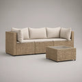 Conjunto de exterior em vime PE bege com almofadas brancas, 210 x 82 x 75 cm e mesa de centro 90 x 60 x 42 cm