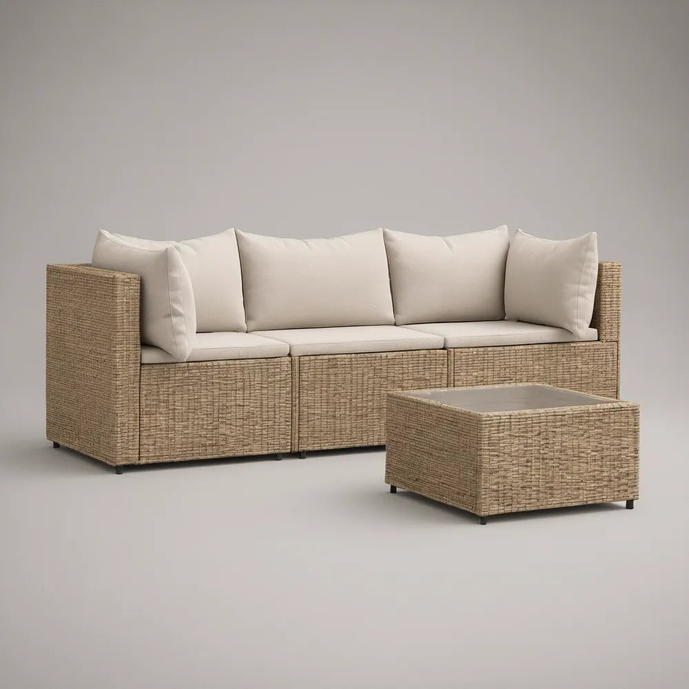 Conjunto de exterior em vime PE bege com almofadas brancas, 210 x 82 x 75 cm e mesa de centro 90 x 60 x 42 cm