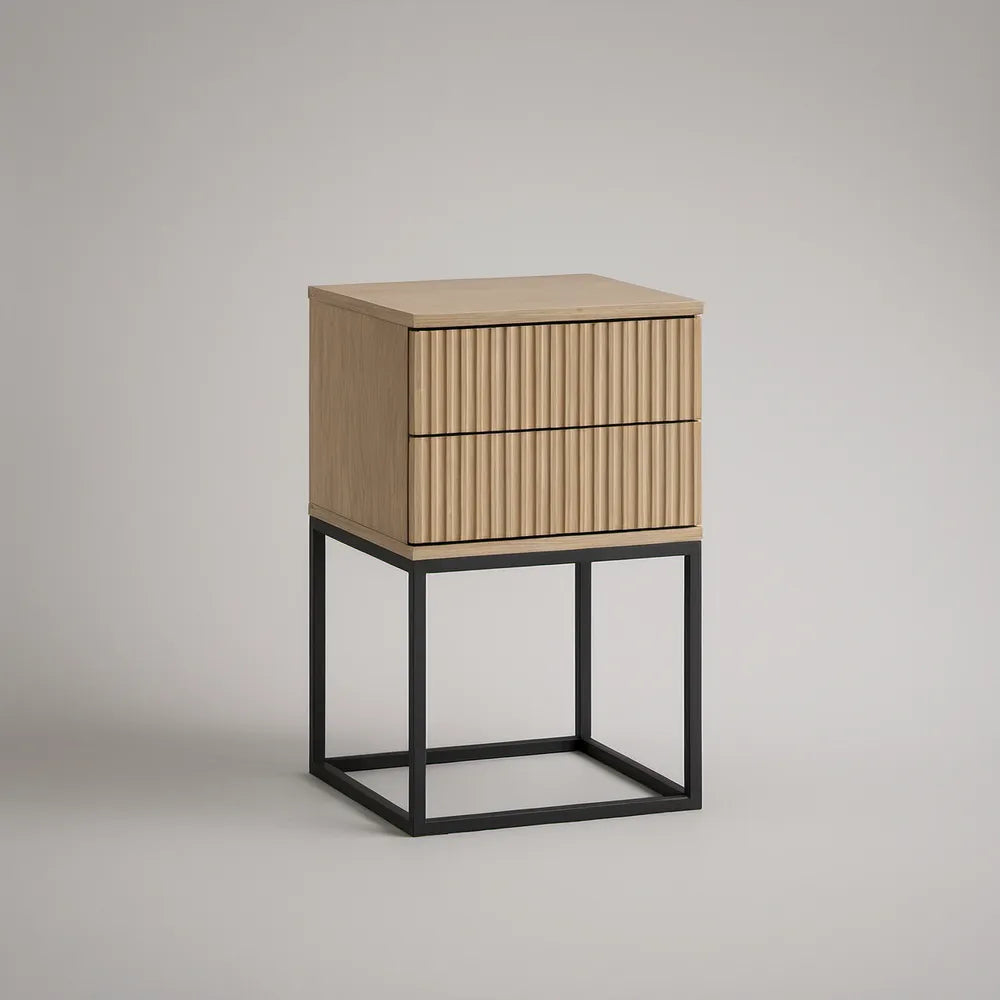 Mesa de Cabeceira com 2 Gavetas em MDF Carvalho Claro e Aço Preto, 45 x 40 x 60 cm