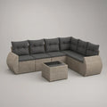Conjunto de Jardim em L de 7 Peças em Vime PE Cinzento-Bege com Almofadas Cinzento-Antracite, 280 x 210 x 85 cm