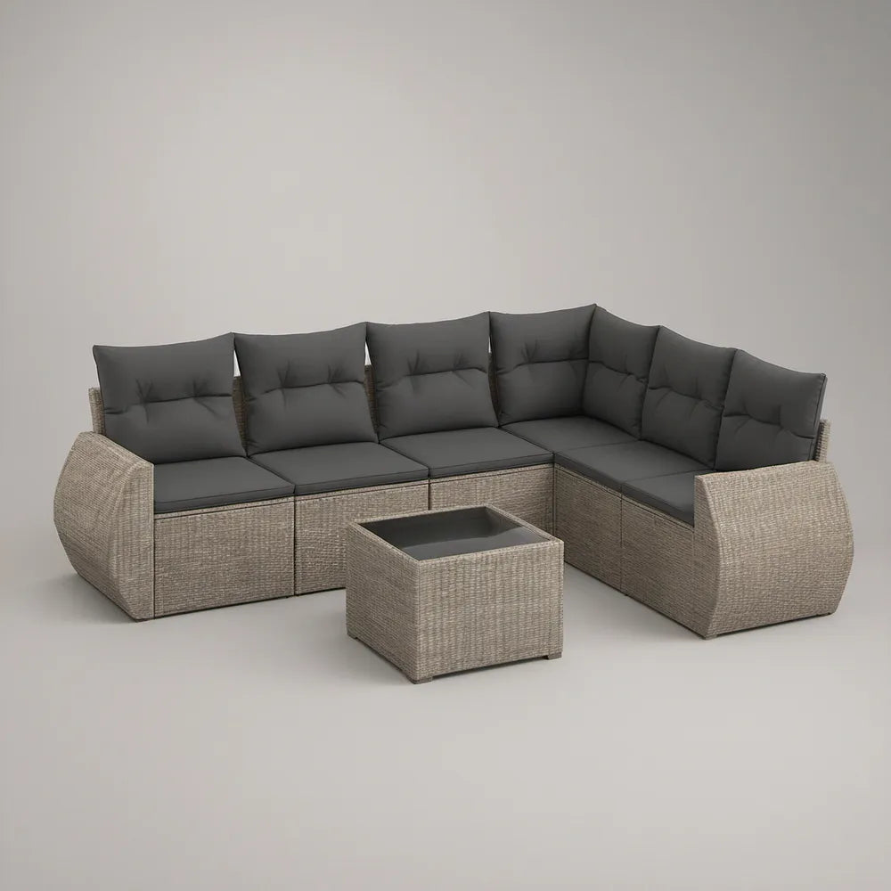 Conjunto de Jardim em L de 7 Peças em Vime PE Cinzento-Bege com Almofadas Cinzento-Antracite, 280 x 210 x 85 cm