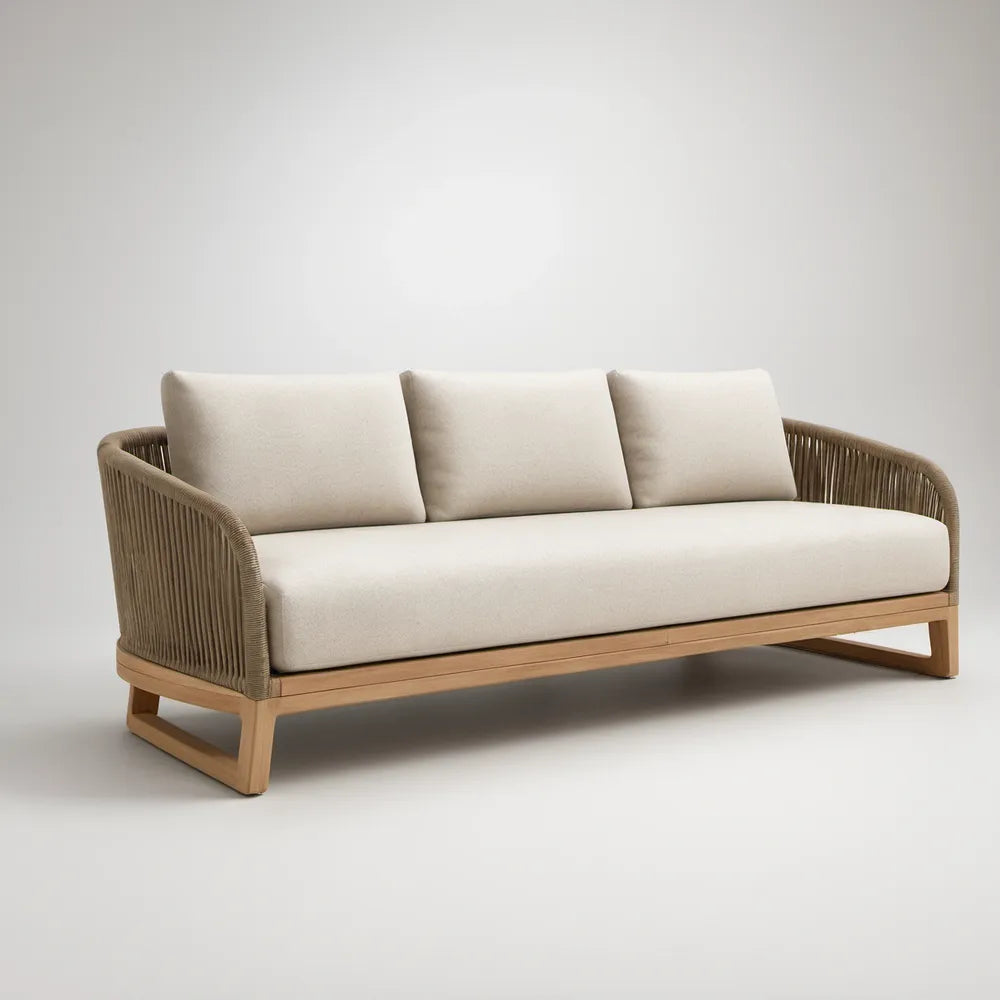 Sofá de Jardim de 3 Lugares em Madeira Maciça de Acácia e Corda de Polipropileno, Natural, Bege e Branco-Creme, 220 x 85 x 75 cm
