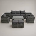 Conjunto de Exterior em Vime PE Cinzento Escuro/Preto com Sofá de 3 Lugares, 2 Poltronas, Mesa e Pufes