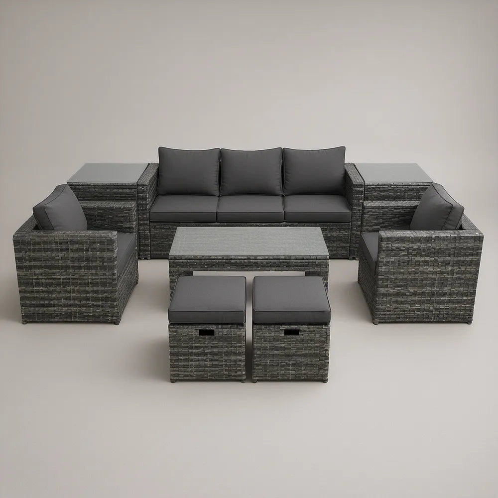 Conjunto de Exterior em Vime PE Cinzento Escuro/Preto com Sofá de 3 Lugares, 2 Poltronas, Mesa e Pufes