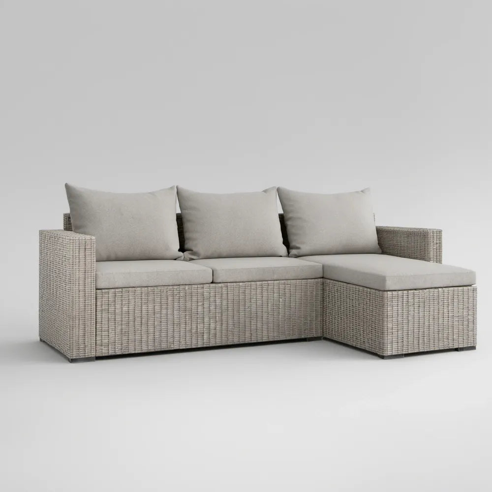 Sofá de Jardim em L com Chaise Longue à Direita 210 x 140 x 65 cm em Vime PE Cinzento com Almofadas Bege