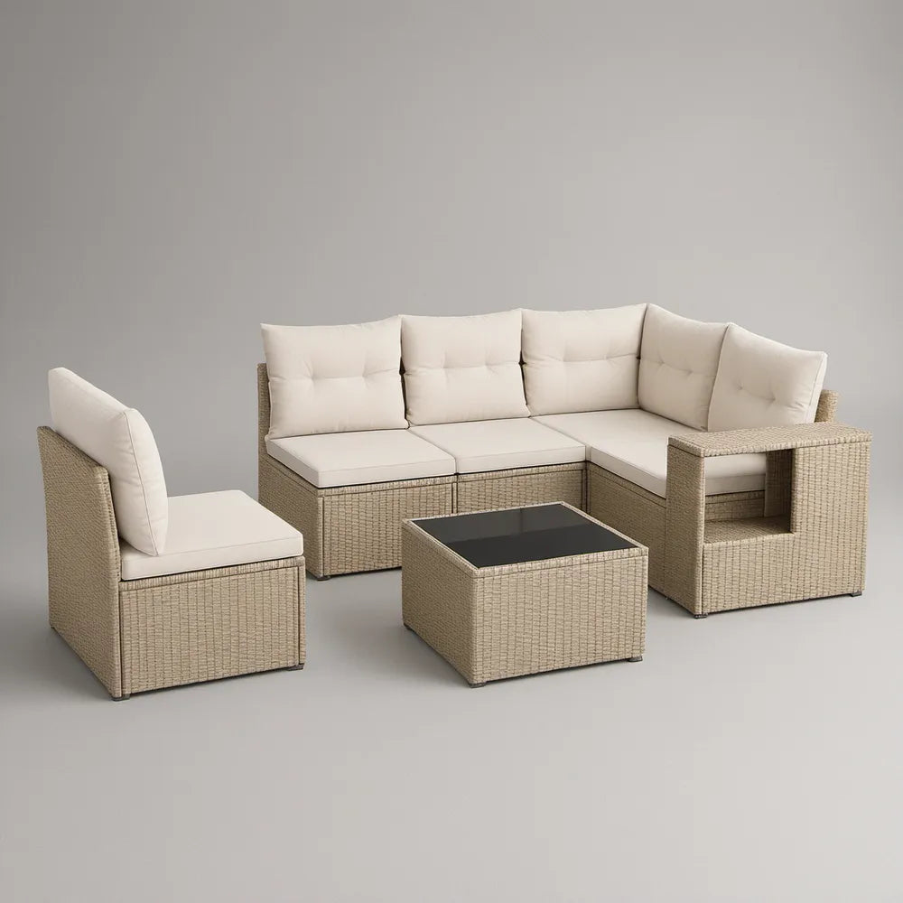 Conjunto Modular de Canto para Exterior em Vime PE Bege, 203 x 203 x 65 cm